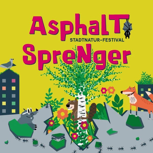 Werbeplakat für das 2025er Asphaltsprenger Festival mit Pflanzen und frechen Tieren in der grauen Stadt