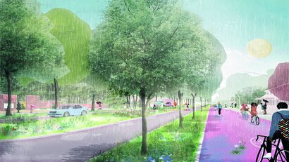 Grafische Darstellung einer Klimastrasse mit üppigen Strassenbäumen und viel Platz für Fuss- und Radverkehr.