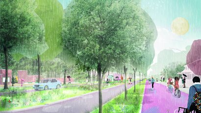 Grafische Darstellung einer Klimastrasse mit üppigen Strassenbäumen und viel Platz für Fuss- und Radverkehr.