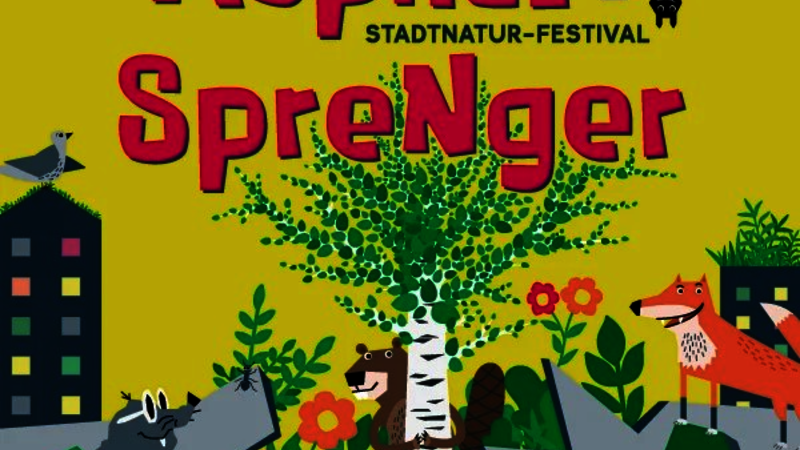Werbeplakat für das 2025er Asphaltsprenger Festival mit Pflanzen und frechen Tieren in der grauen Stadt