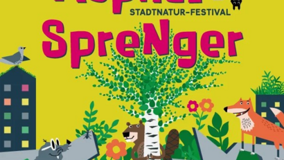 Werbeplakat für das 2025er Asphaltsprenger Festival mit Pflanzen und frechen Tieren in der grauen Stadt